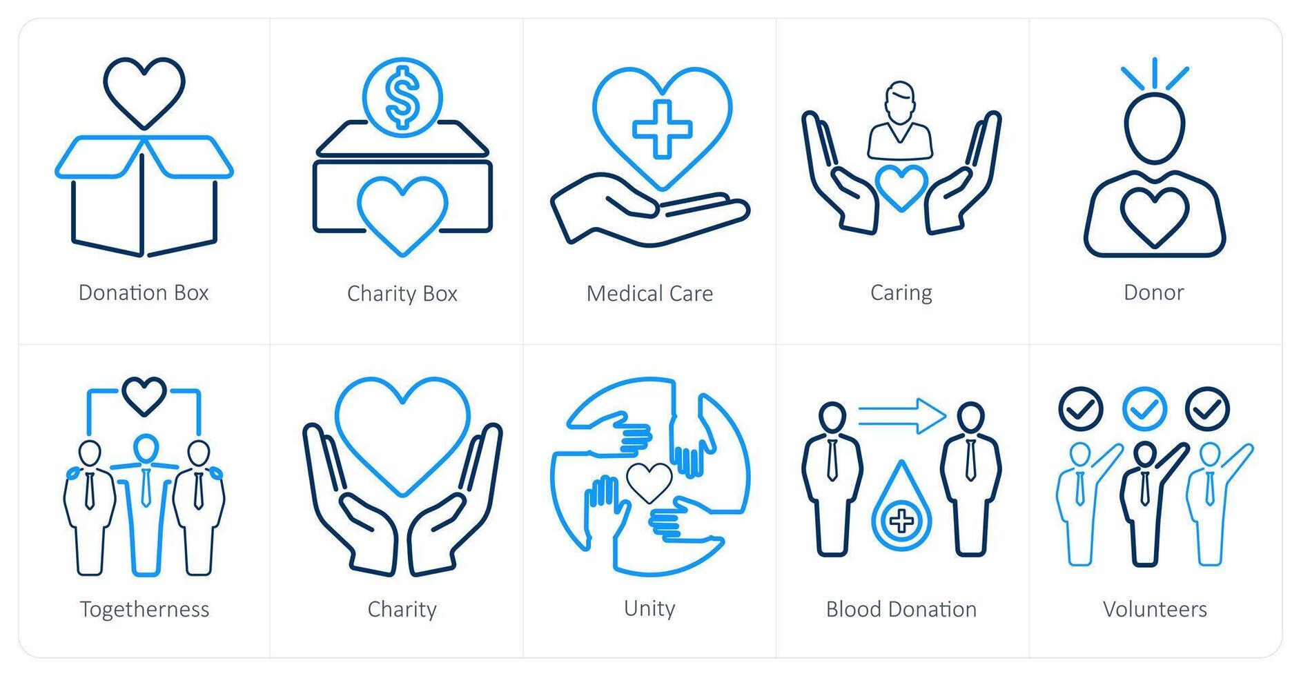 A set of 10 charity and donation icons as donation box, charity box, medical care vector