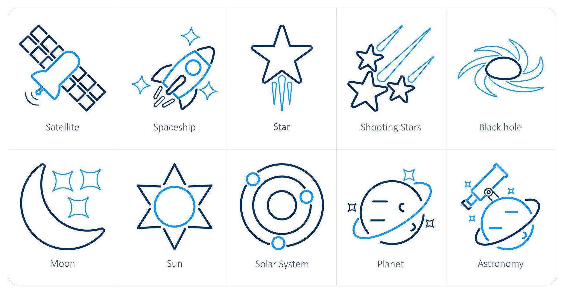 un conjunto de 10 astronomía íconos como satélite, astronave, estrella vector