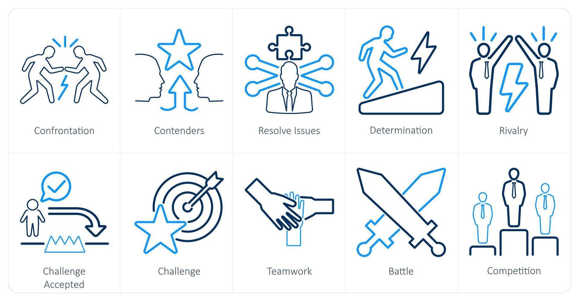 A set of 10 challenge icons as confrontation, contenders, resolve issues vector