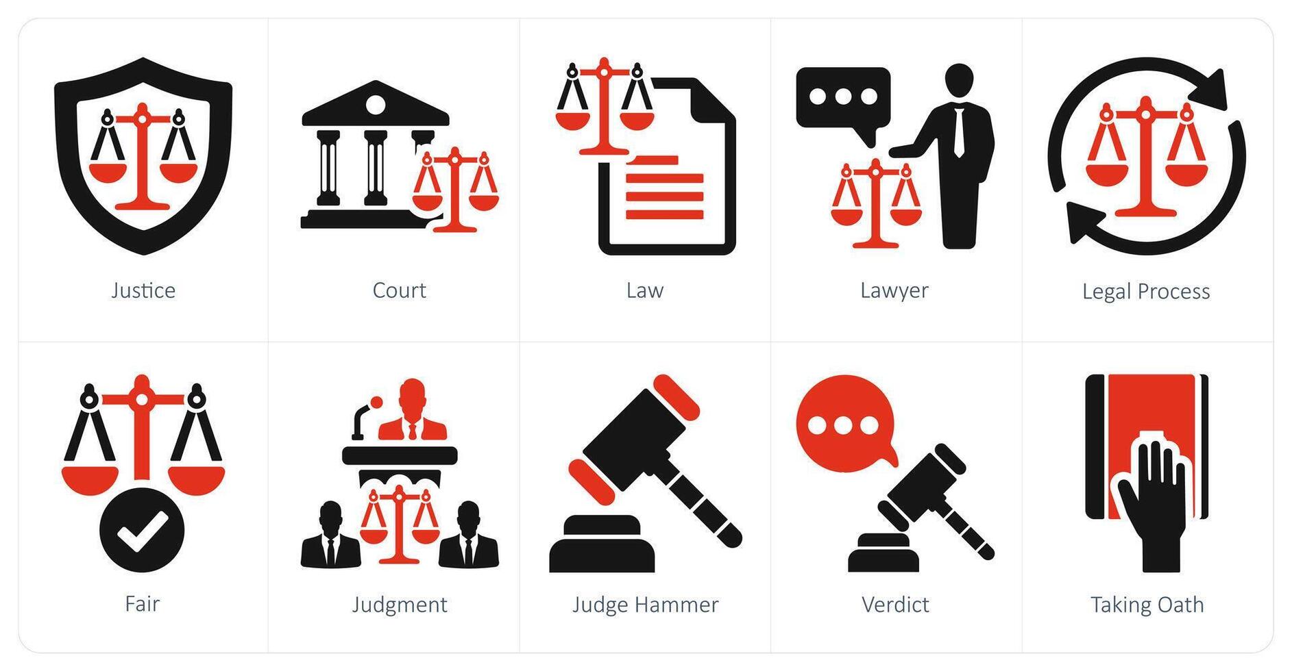 A set of 10 justice icons as justice, court, law vector