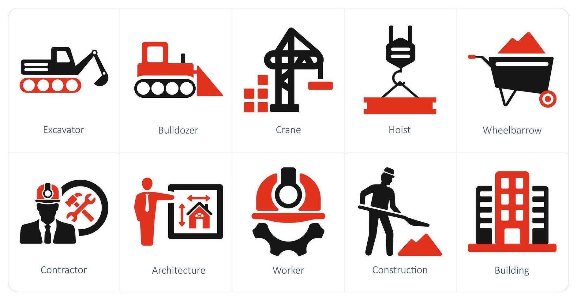 A set of 10 build icons as excavator, bulldozer, crane vector