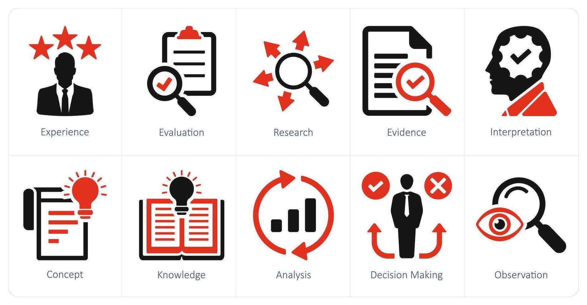 un conjunto de 10 crítico pensando íconos como experiencia, evaluación, investigación vector