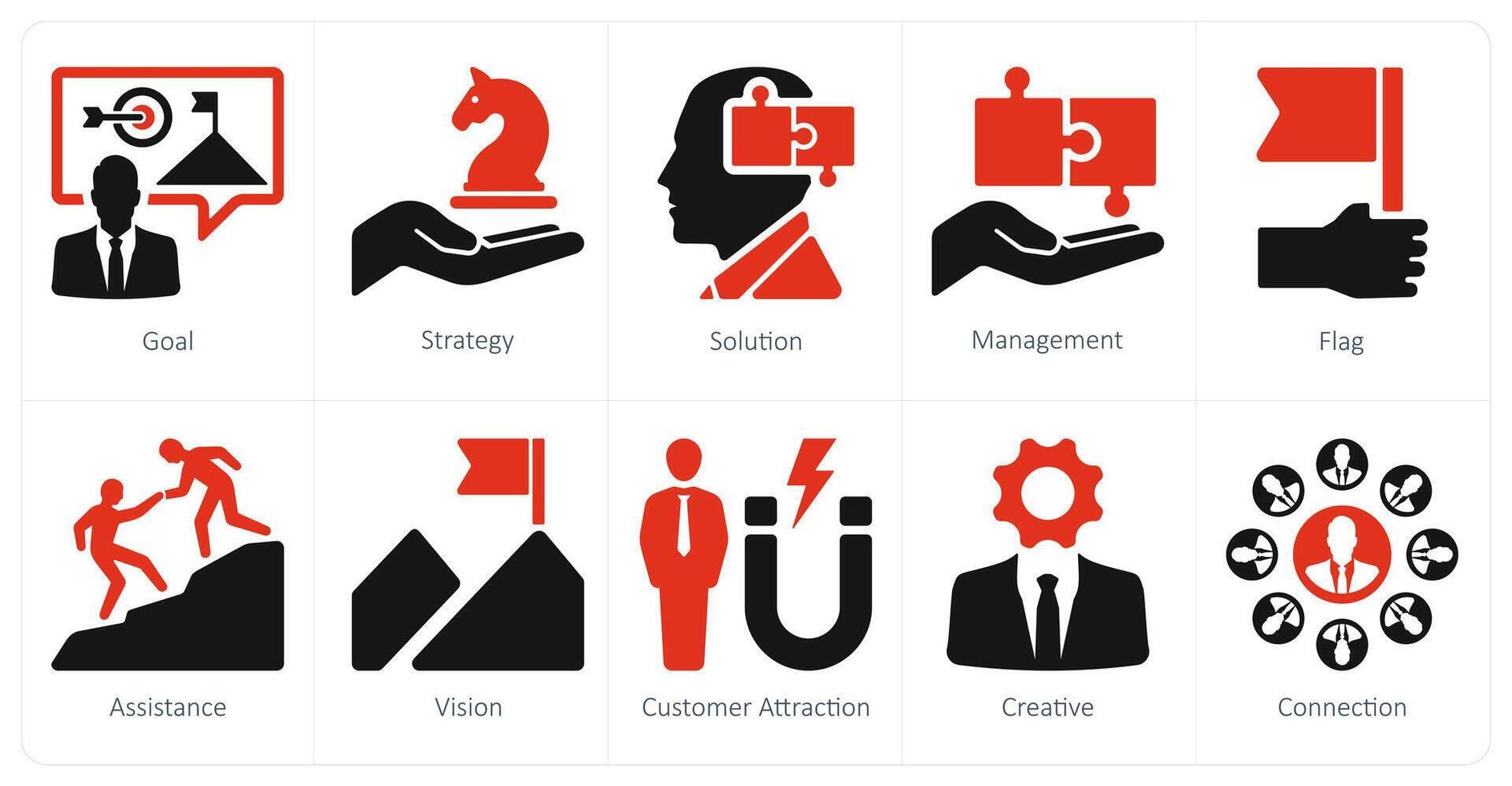 A set of 10 Leadership icons as goal, strategy, solution, management vector