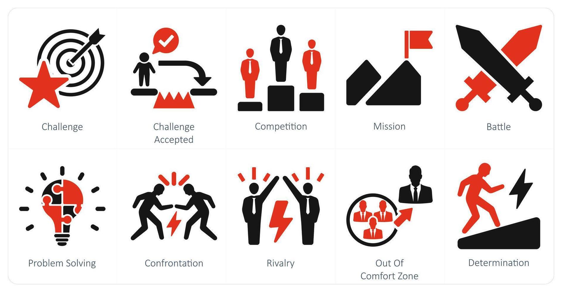 A set of 10 challenge icons as challenge, challenge accepted, competition vector