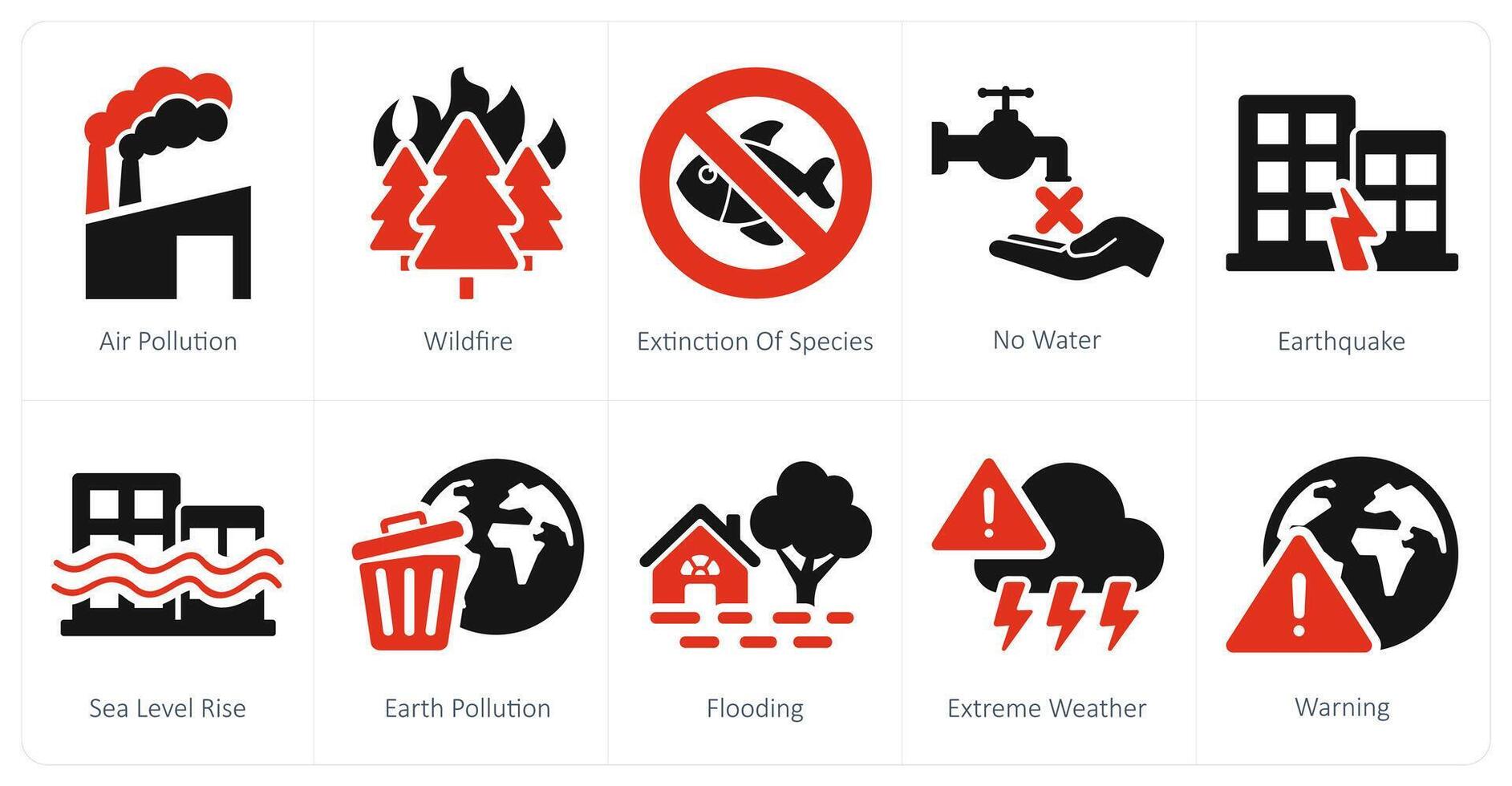 A set of 10 climate change icons as air pollution, wildfire, extinction of species vector