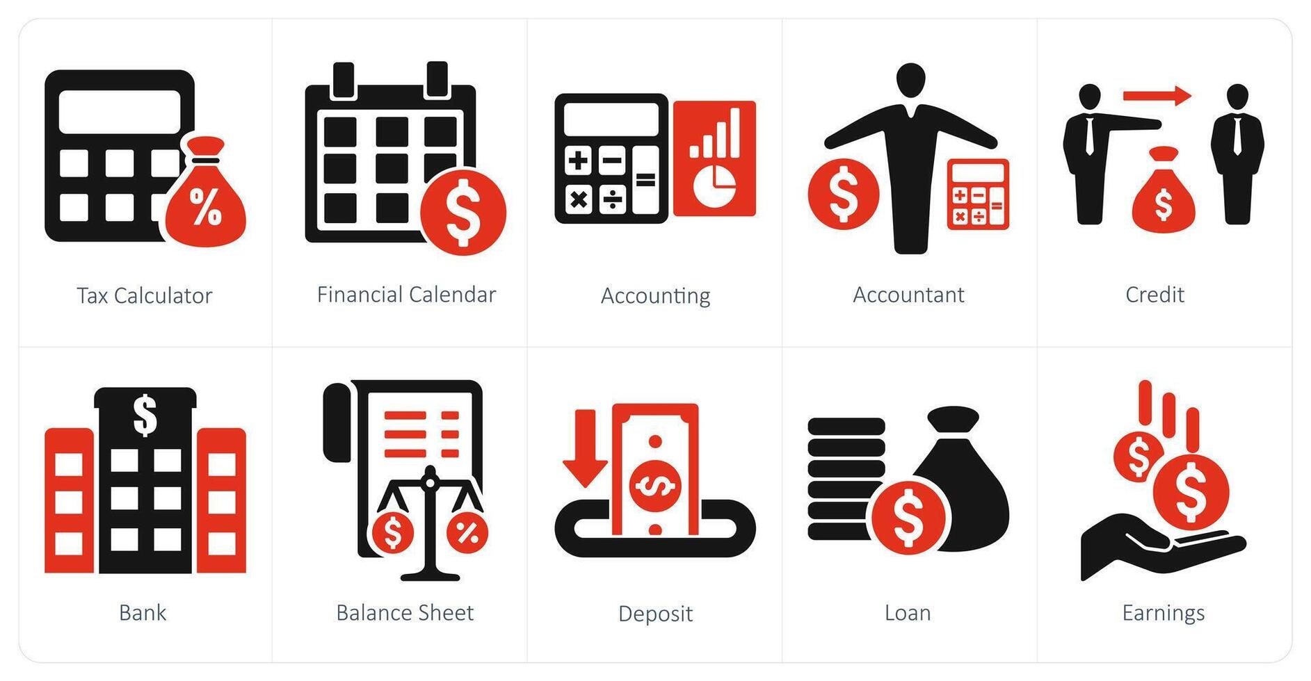 A set of 10 accounting icons as tax calculator, financial calendar, accounting vector