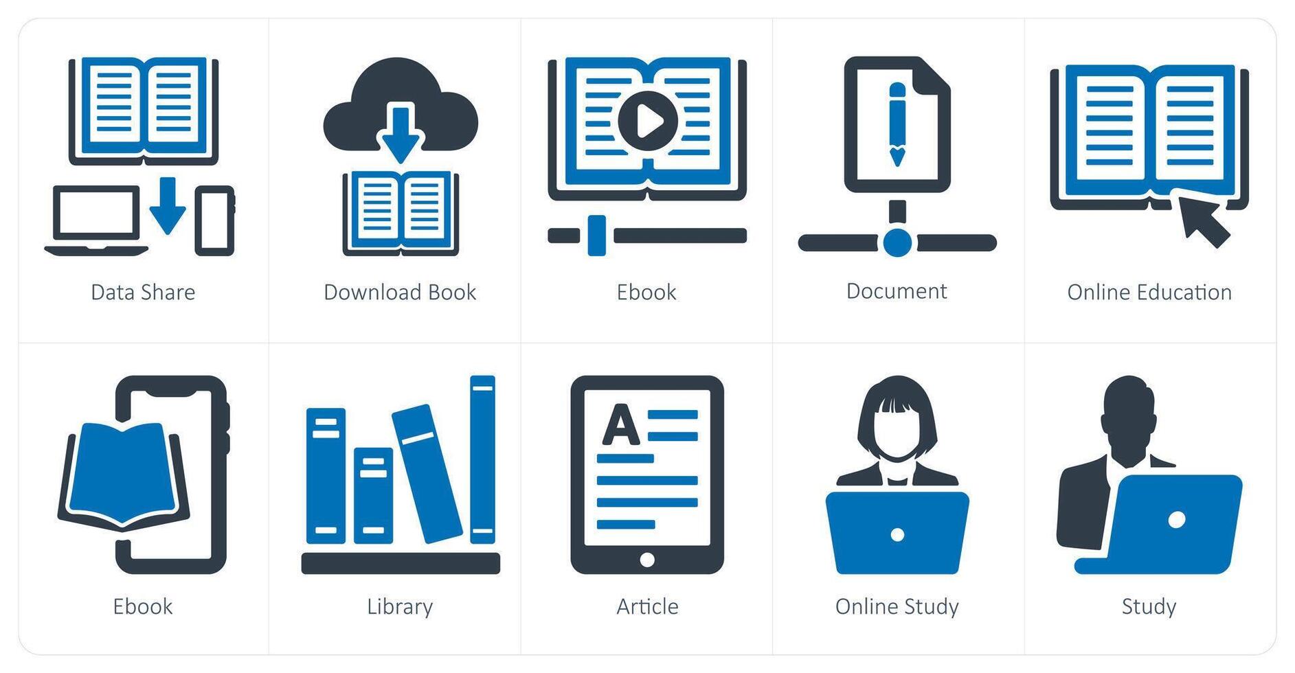 A set of 10 onlineeducation icons as data sharem download book, e book vector