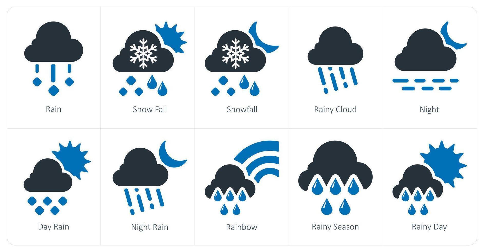 A set of 10 Weather icons as rain, snowfall, rainy cloud vector