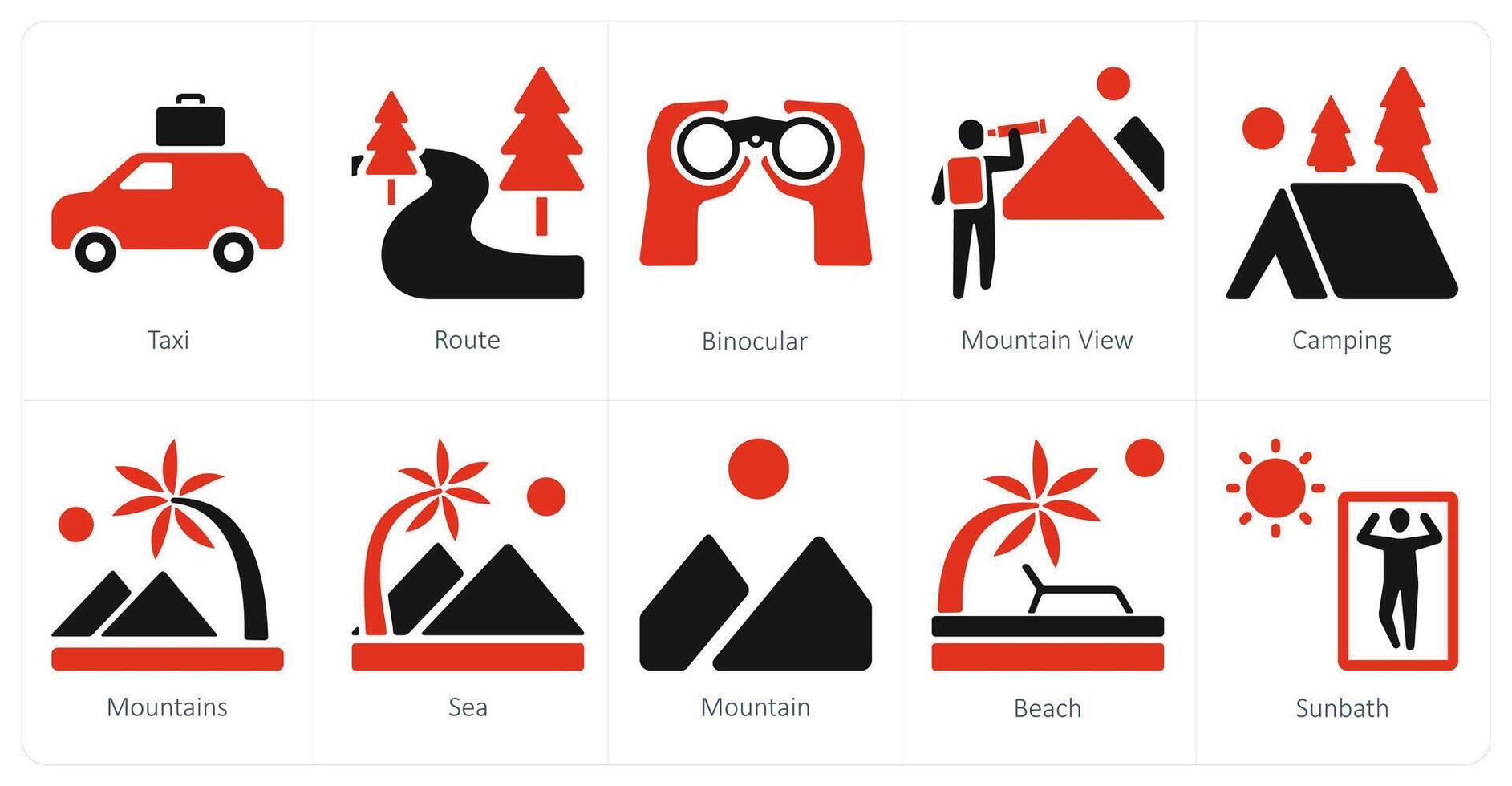 un conjunto de 10 viaje y vacaciones íconos como Taxi, ruta, binocular vector