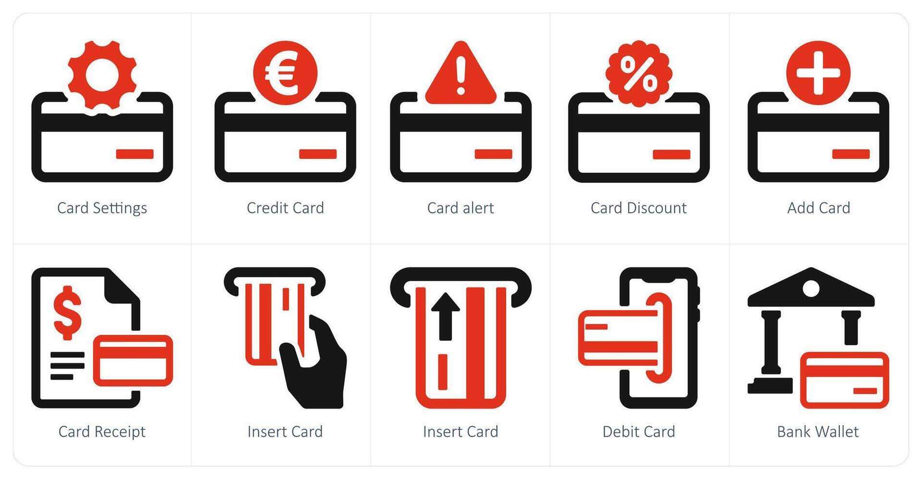 A set of 10 finance icons as card settings, credit card, card alert vector