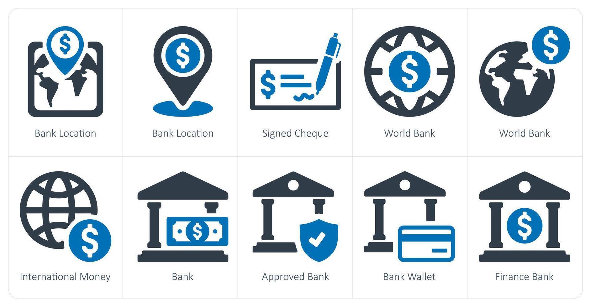 A set of 10 finance icons as bank location, signed cheque, world bank vector