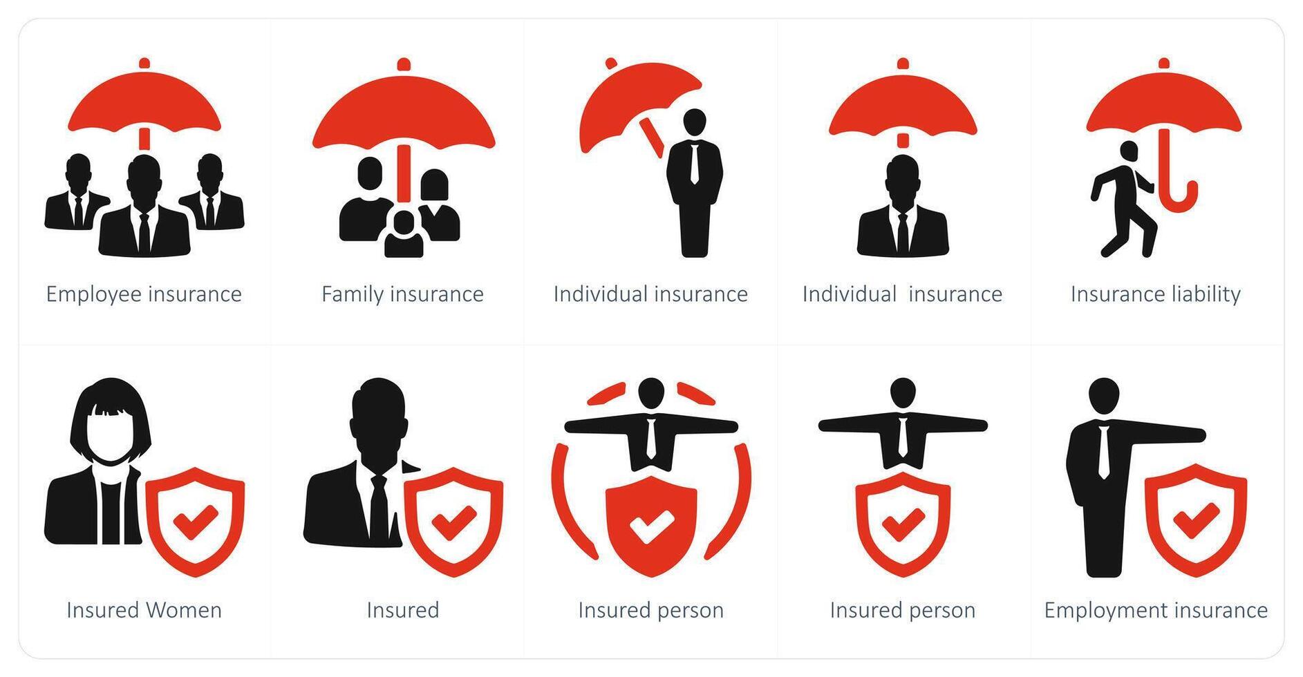 A set of 10 Insurance icons as employee insurance, family insurance, individual insurance vector
