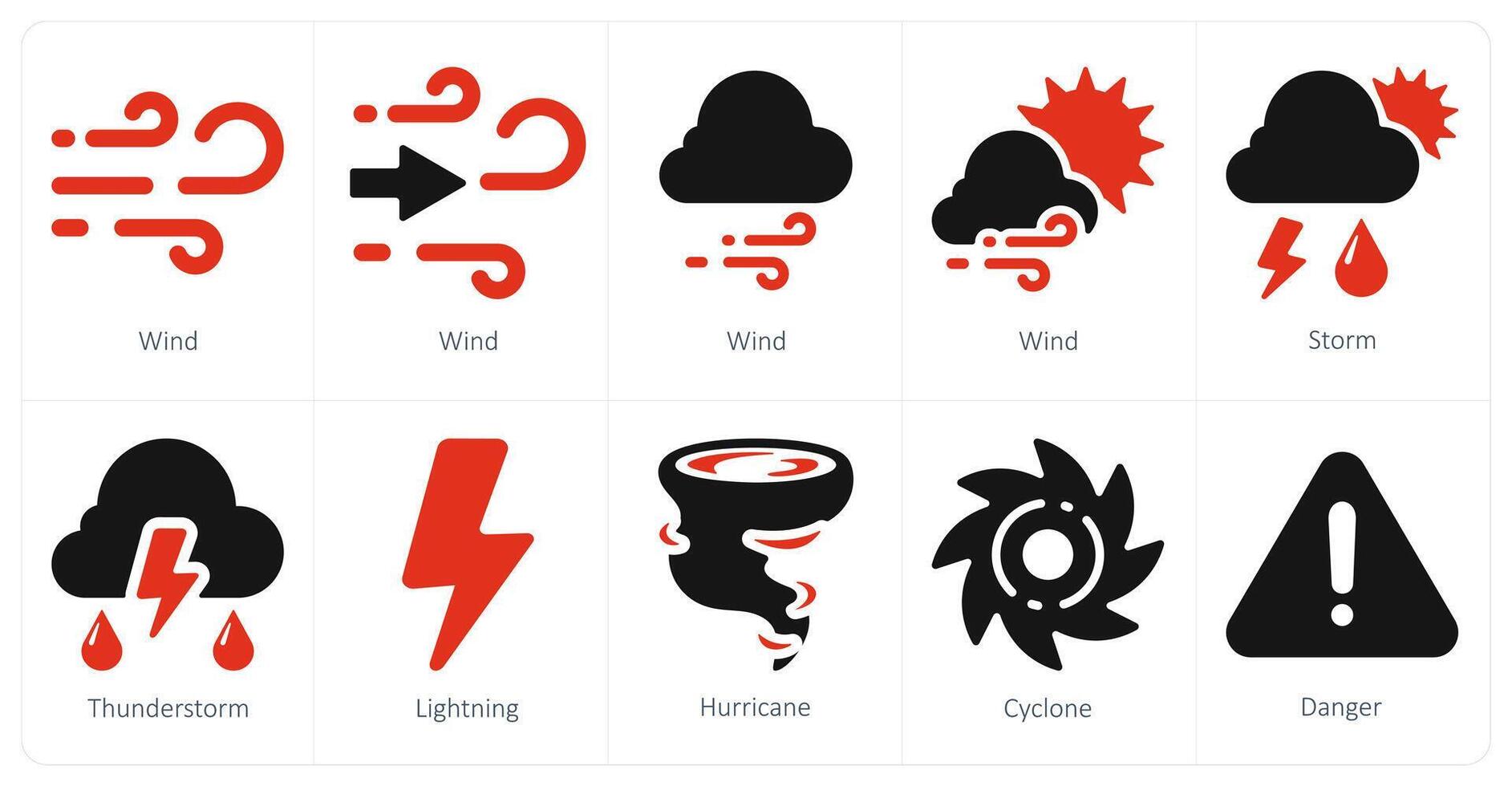 A set of 10 Weather icons as wind, storm, thunderstorm vector