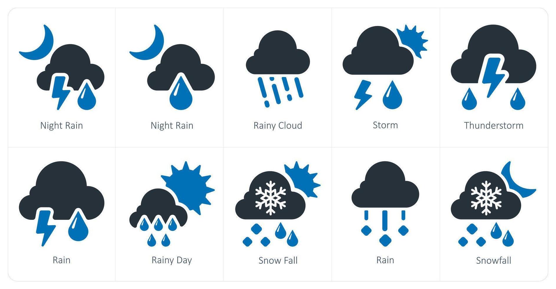 un conjunto de 10 clima íconos como noche lluvia, lluvioso nube, tormenta vector