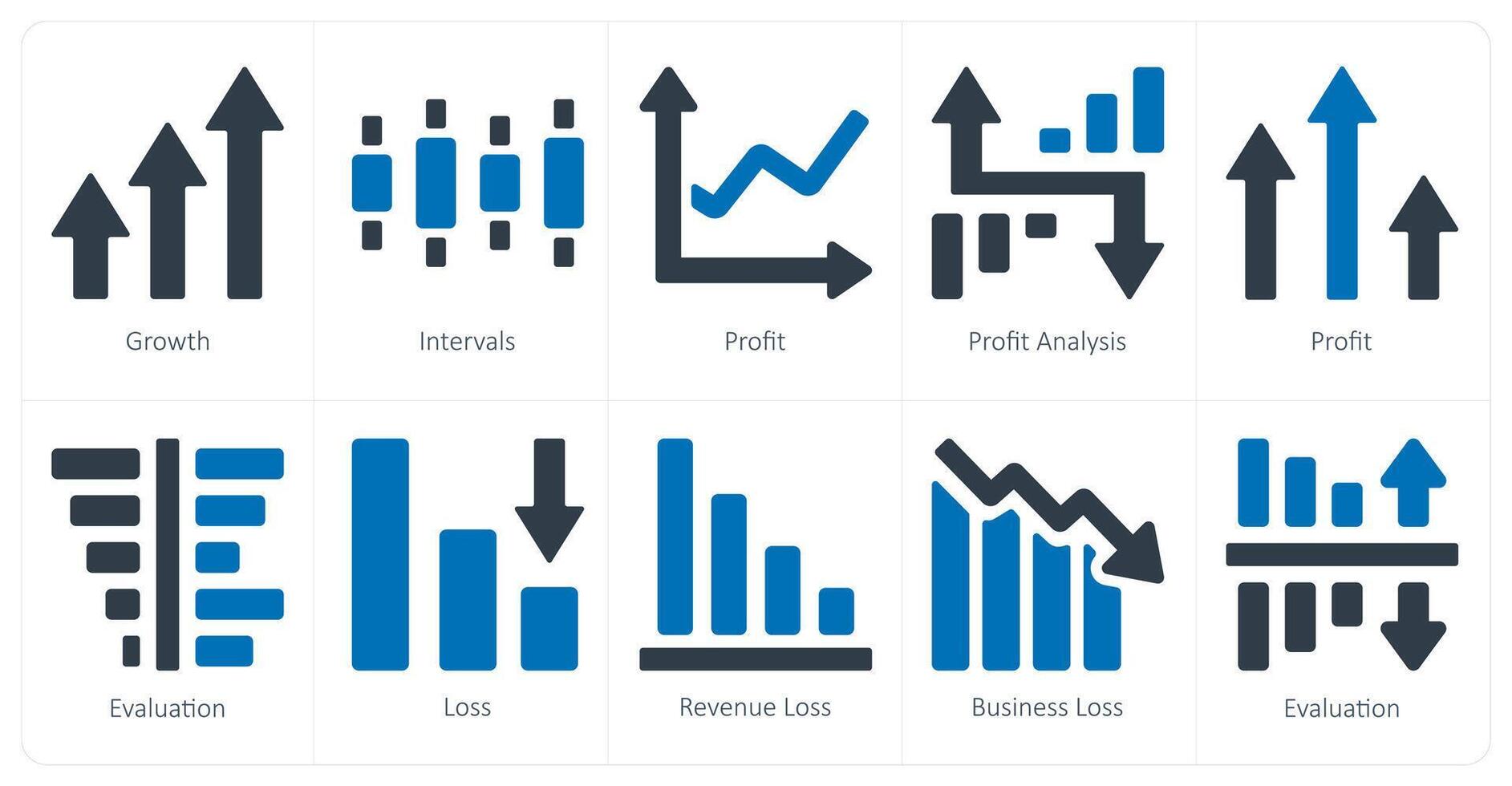 A set of 10 Diagrams and Reports icons as growth, intervals, profit vector