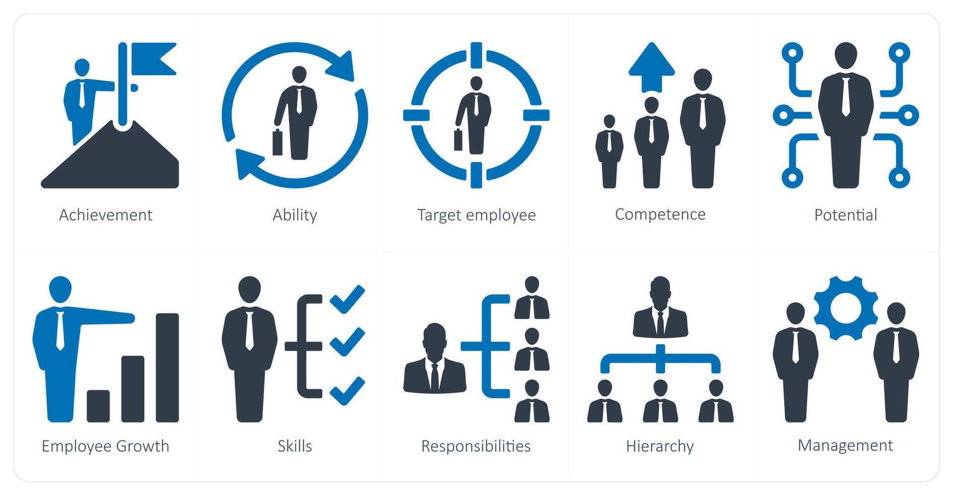 un conjunto de 10 recursos humanos íconos como logro, capacidad, objetivo empleado vector