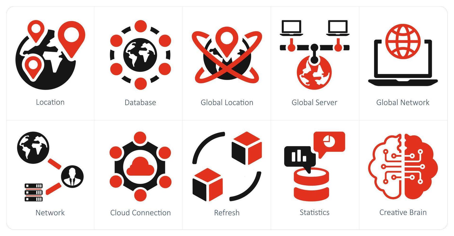 A set of 10 big data icons as location, database, global location vector