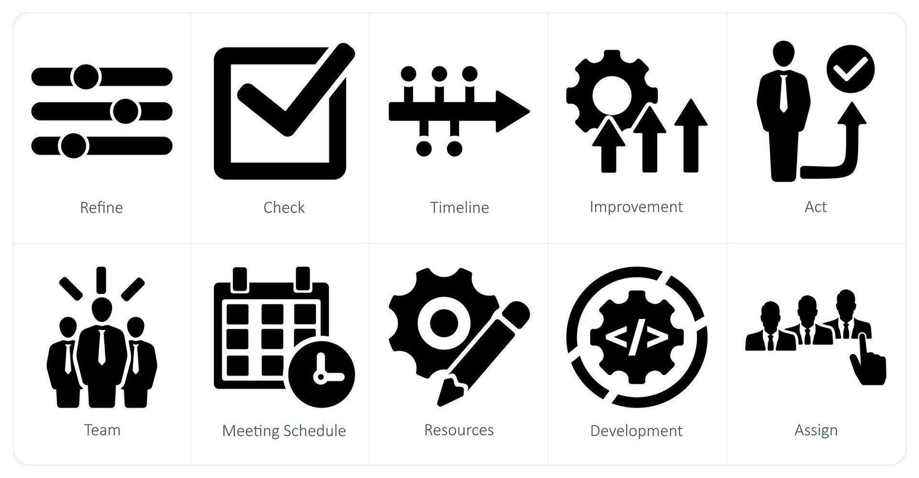 A set of 10 action plan icons as refine, check, timeline, improvement vector