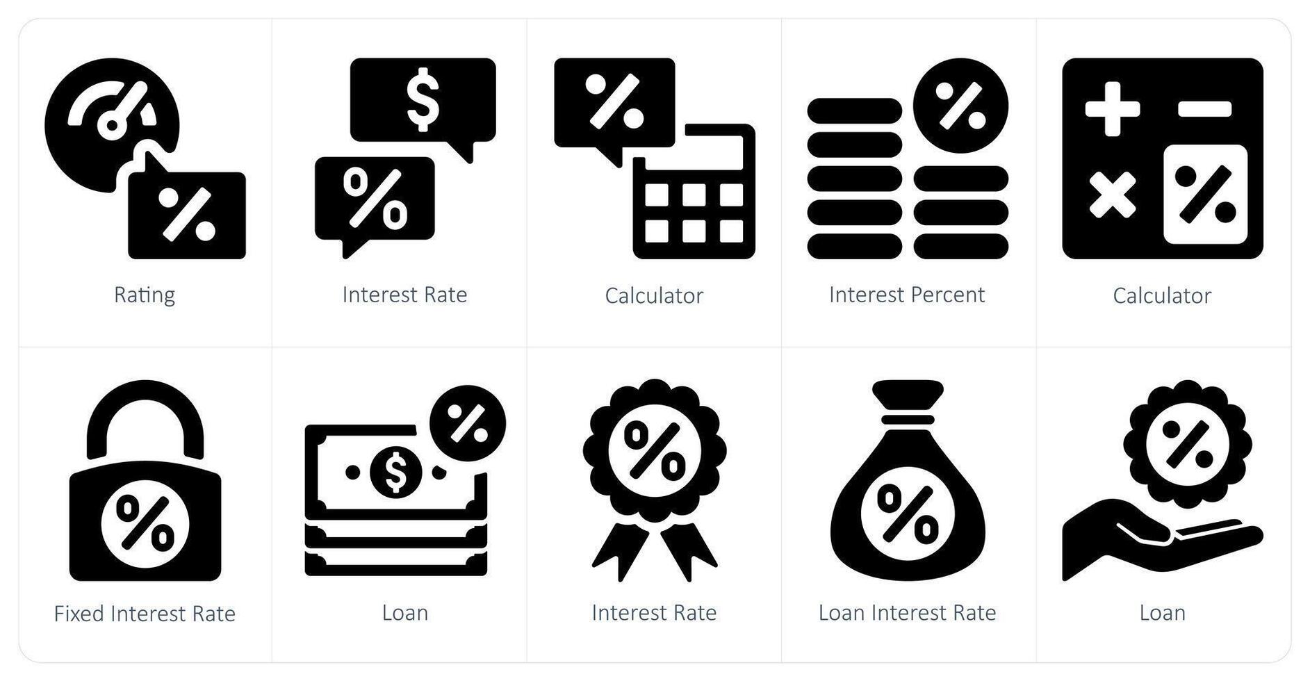 A set of 10 Loan and Debt icons as rating, interest rate, calculator vector