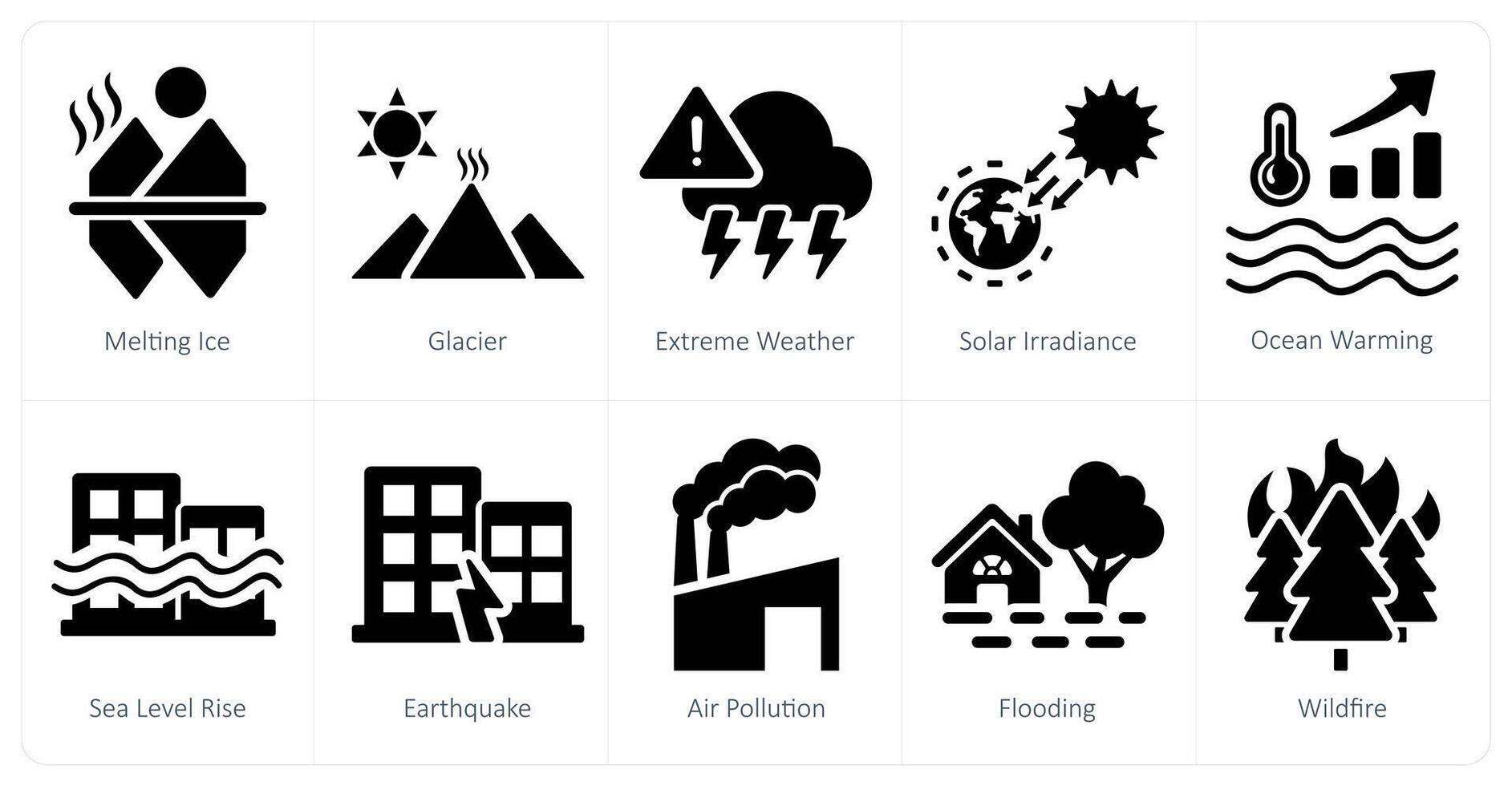 A set of 10 climate change icons as melting ice, glacier, extreme weather vector