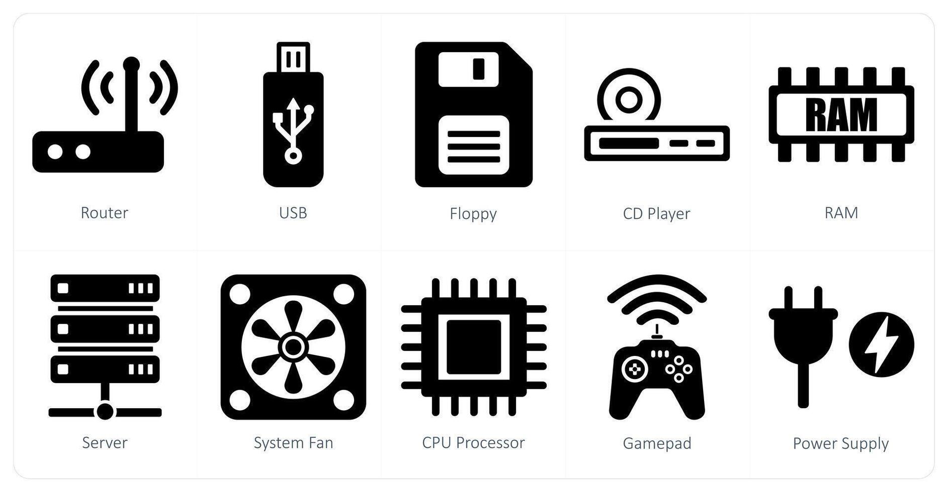 A set of 10 computer parts icons as router, usb, floppy vector