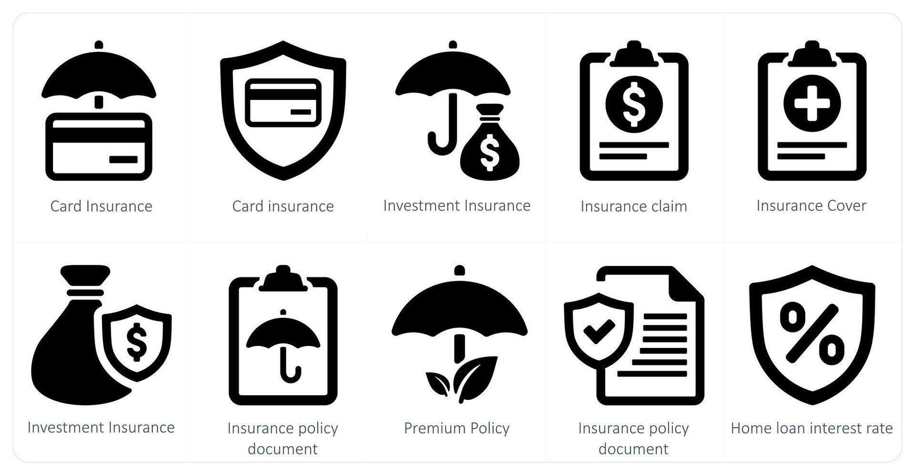 A set of 10 Insurance icons as card insurance, investment insurance, insurance claim vector