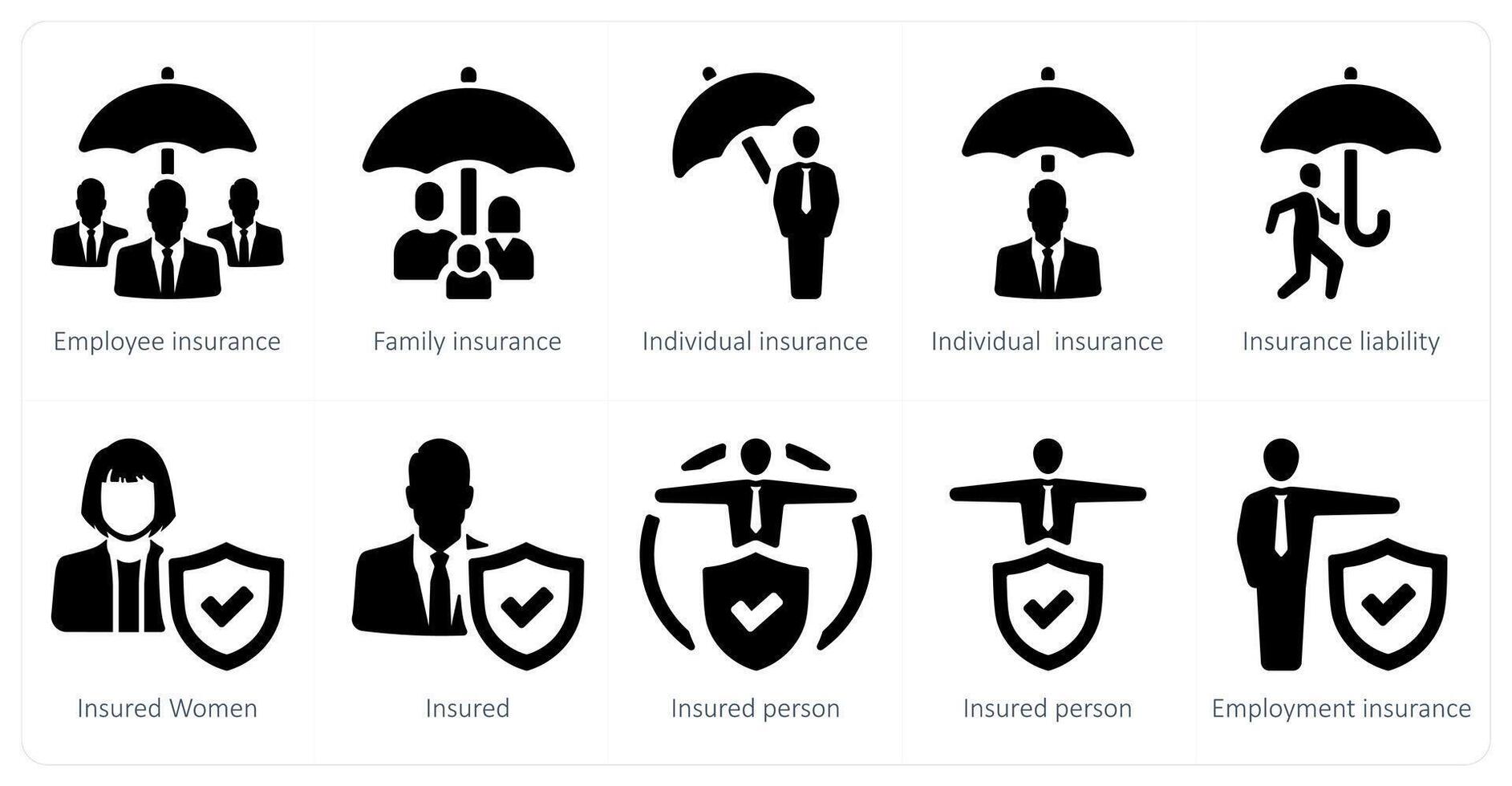 A set of 10 Insurance icons as employee insurance, family insurance, individual insurance vector