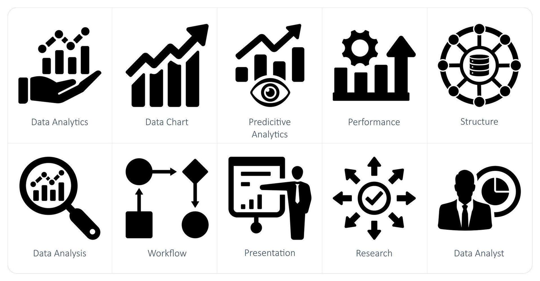 A set of 10 data analytics icons as data analytics, data chart, predictive analytics vector