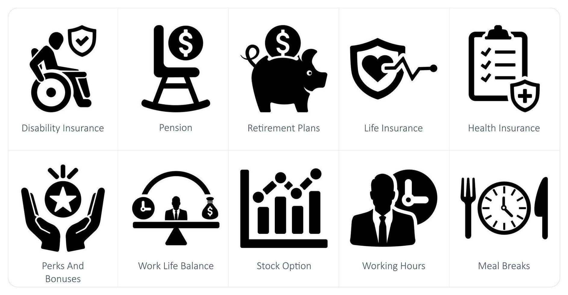 un conjunto de 10 empleado beneficios íconos como invalidez seguro, pensión, Jubilación planes vector