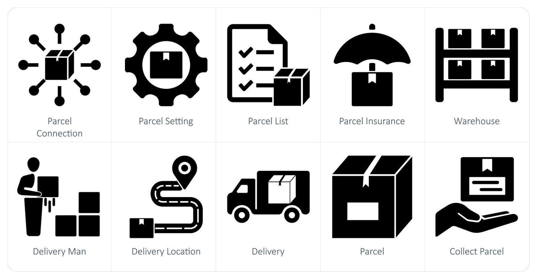 A set of 10 mix icons as parcel connection, parcel setting, parcel list vector