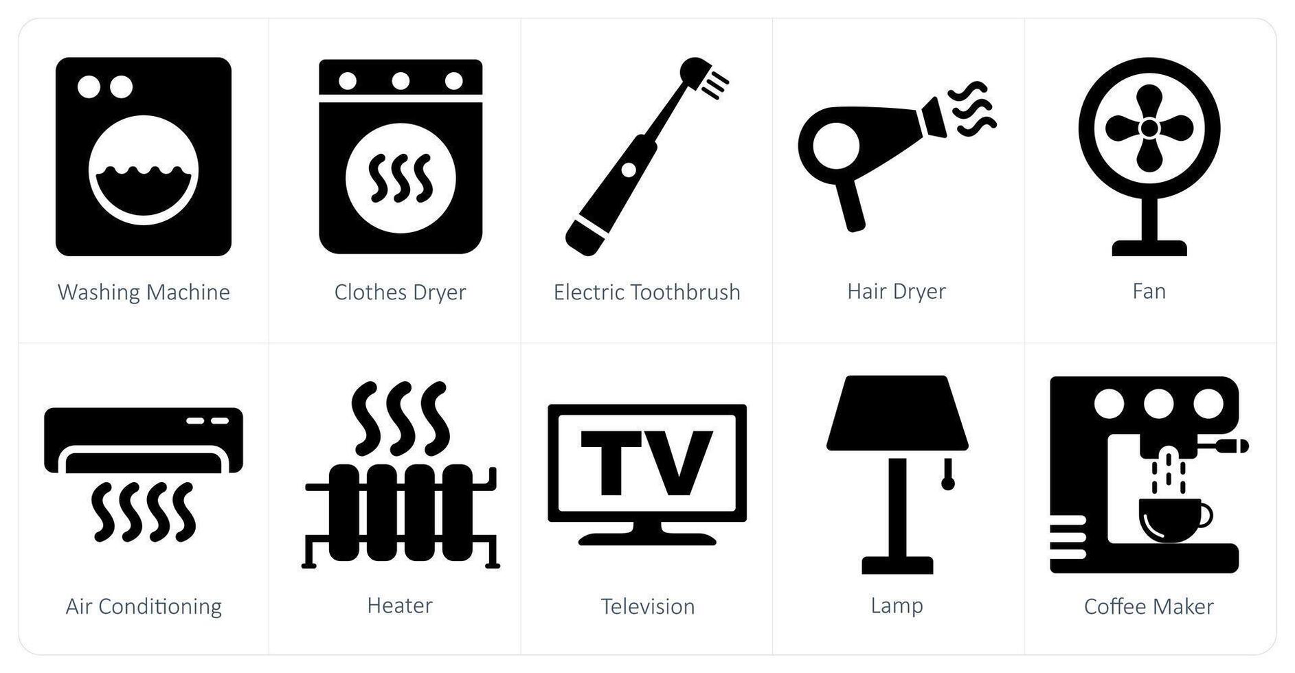A set of 10 home appliances icons as washing machine, clothes dryer, electric toothpaste vector