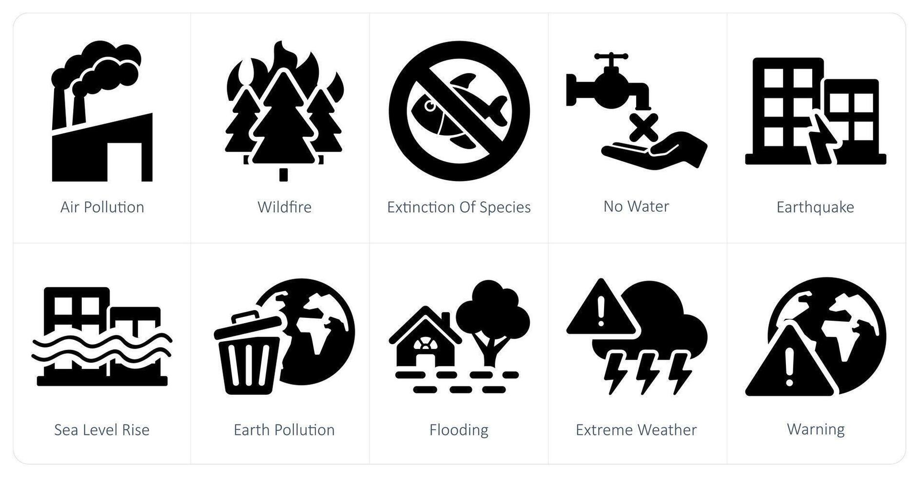 A set of 10 climate change icons as air pollution, wildfire, extinction of species vector