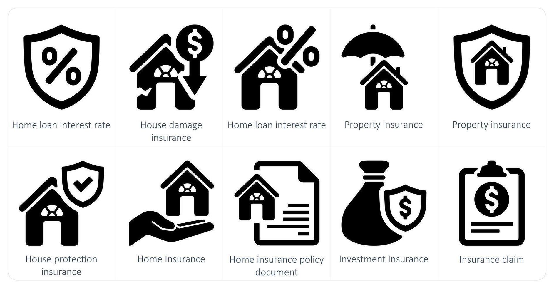 A set of 10 Insurance icons as home loan interest rate, house damage insurance, property insurance vector