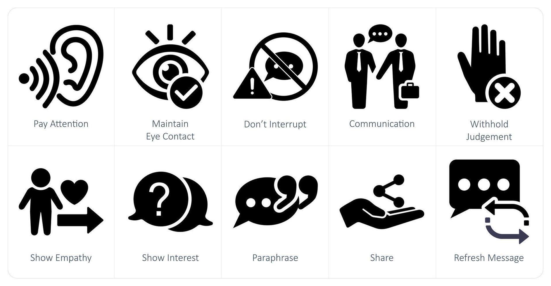 A set of 10 active listening icons as pay attention, maintain eye contact, dont interrupt vector