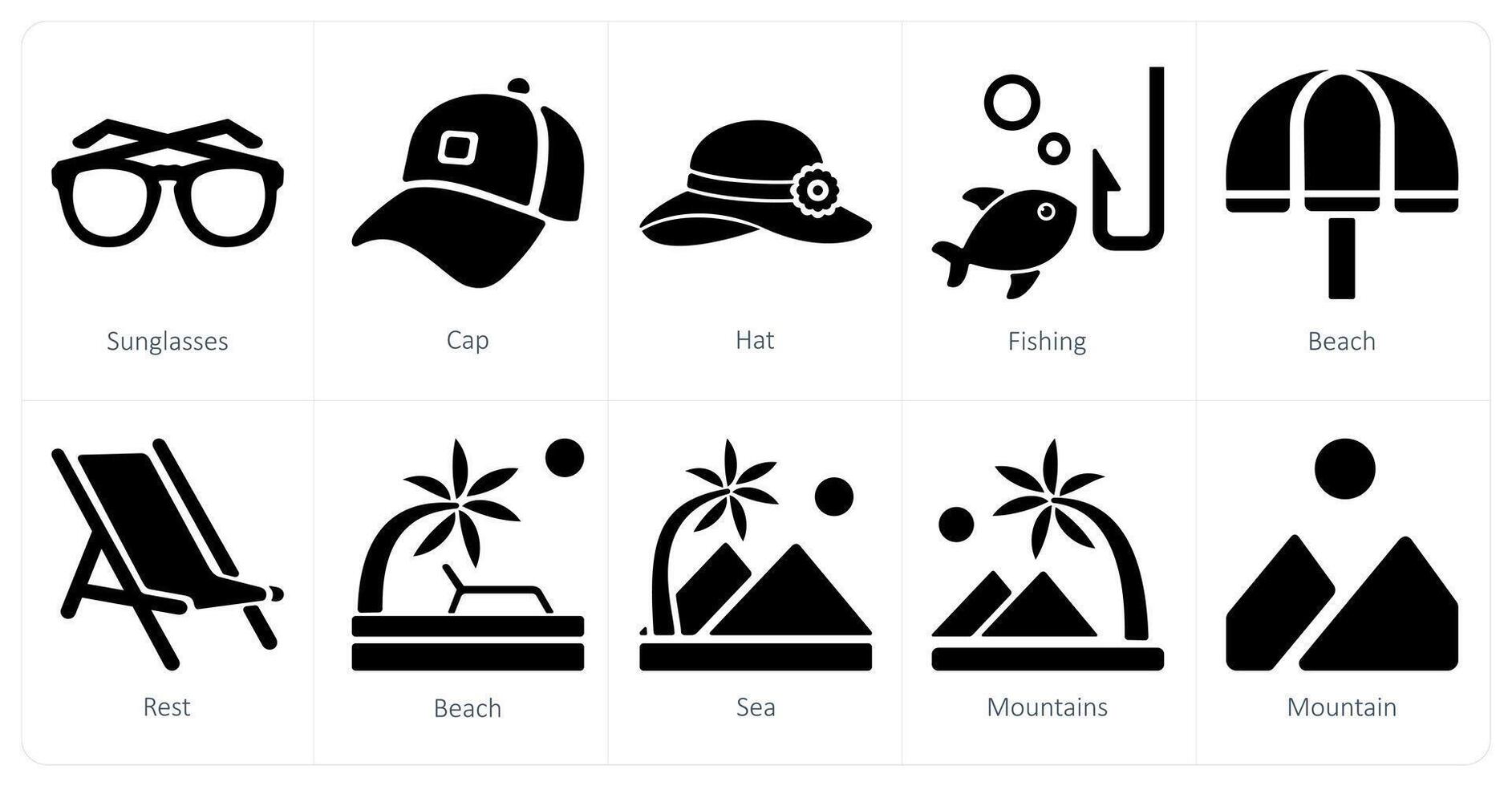A set of 10 Travel and vacation icons as sunglasses, cap, hat vector