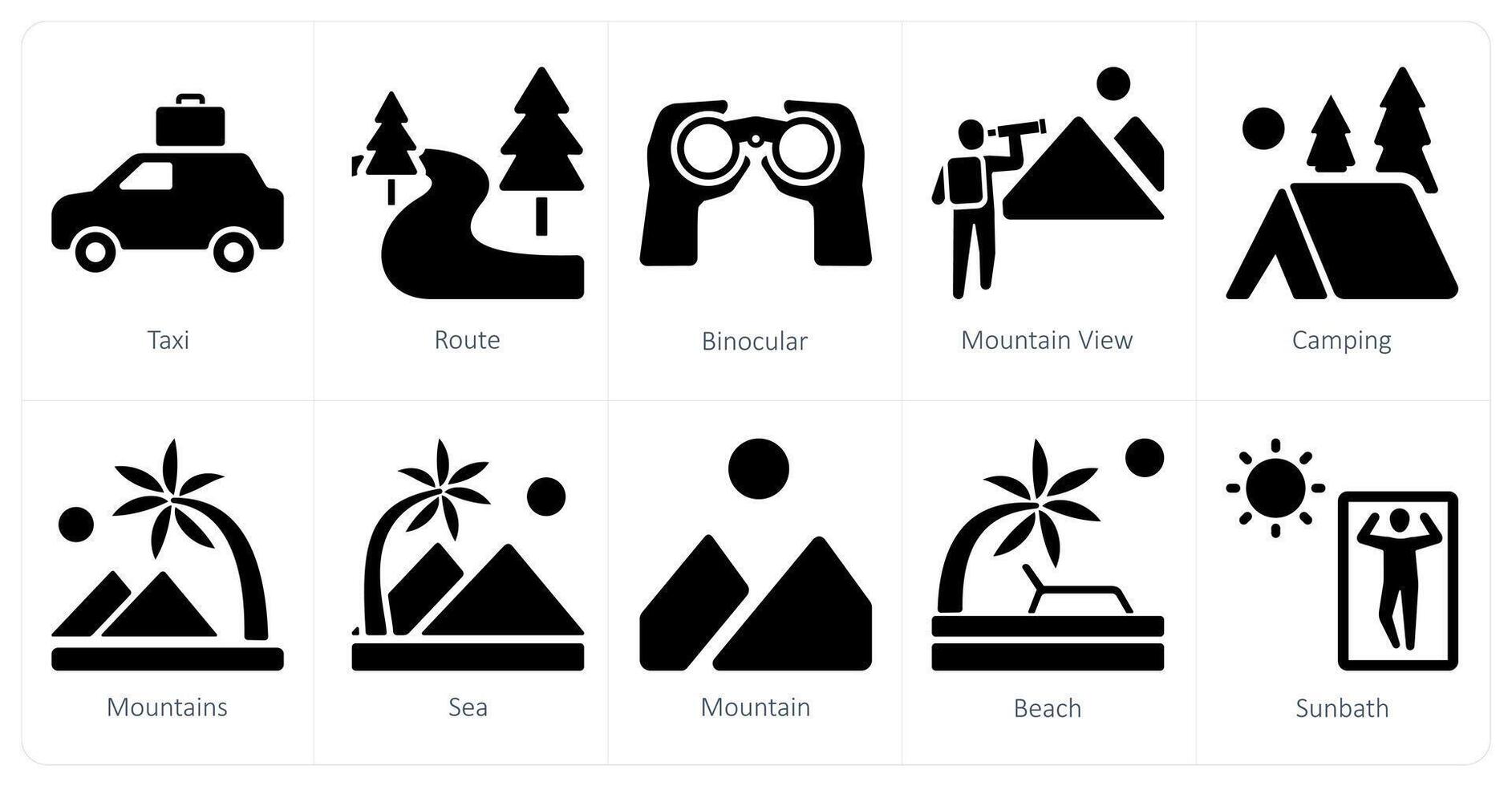 A set of 10 Travel and vacation icons as taxi, route, binocular vector