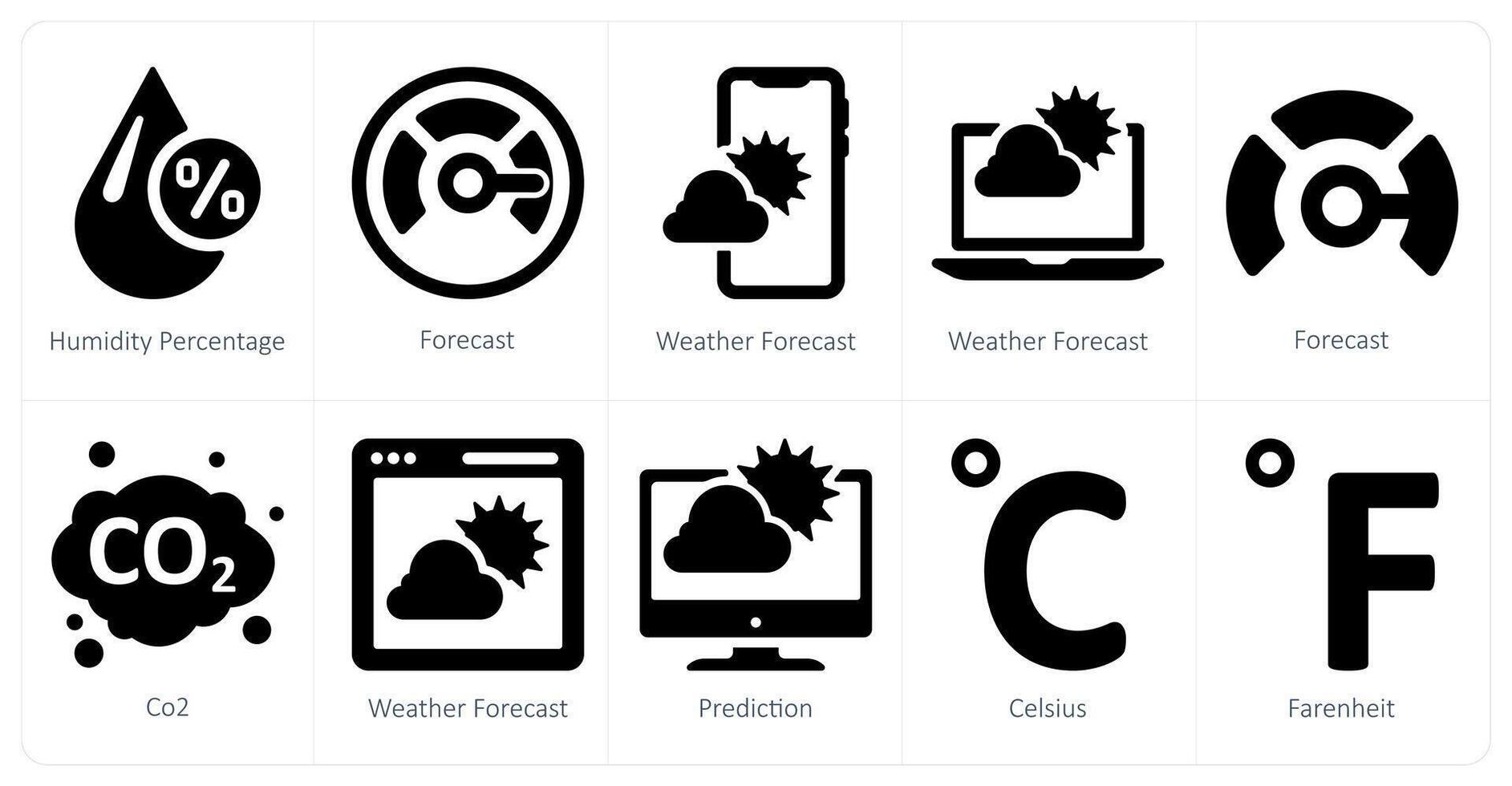 A set of 10 Weather icons as humidity percentage, forecast, weather forecast vector