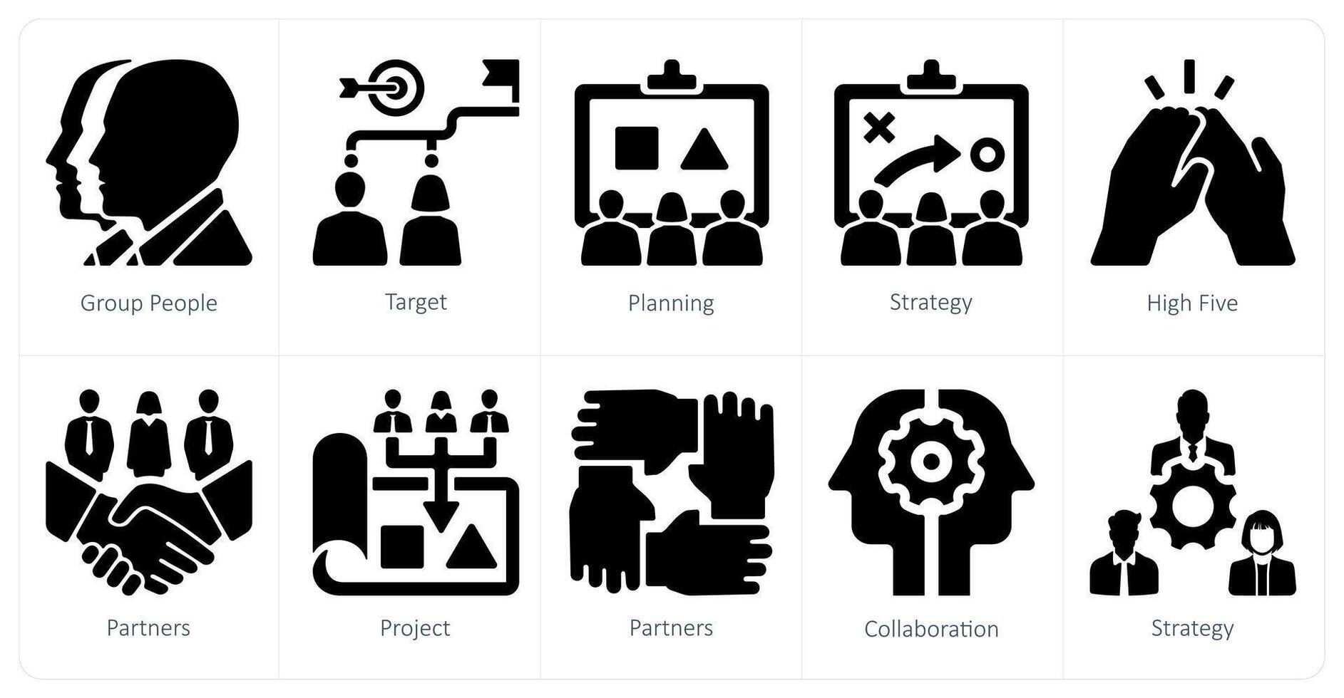 A set of 10 Teamwork icons as group people, target, planning vector