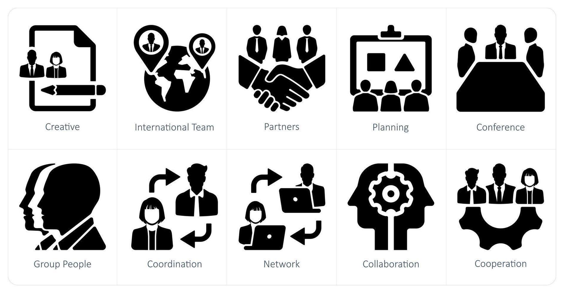 A set of 10 Teamwork icons as creative, international team, partners vector