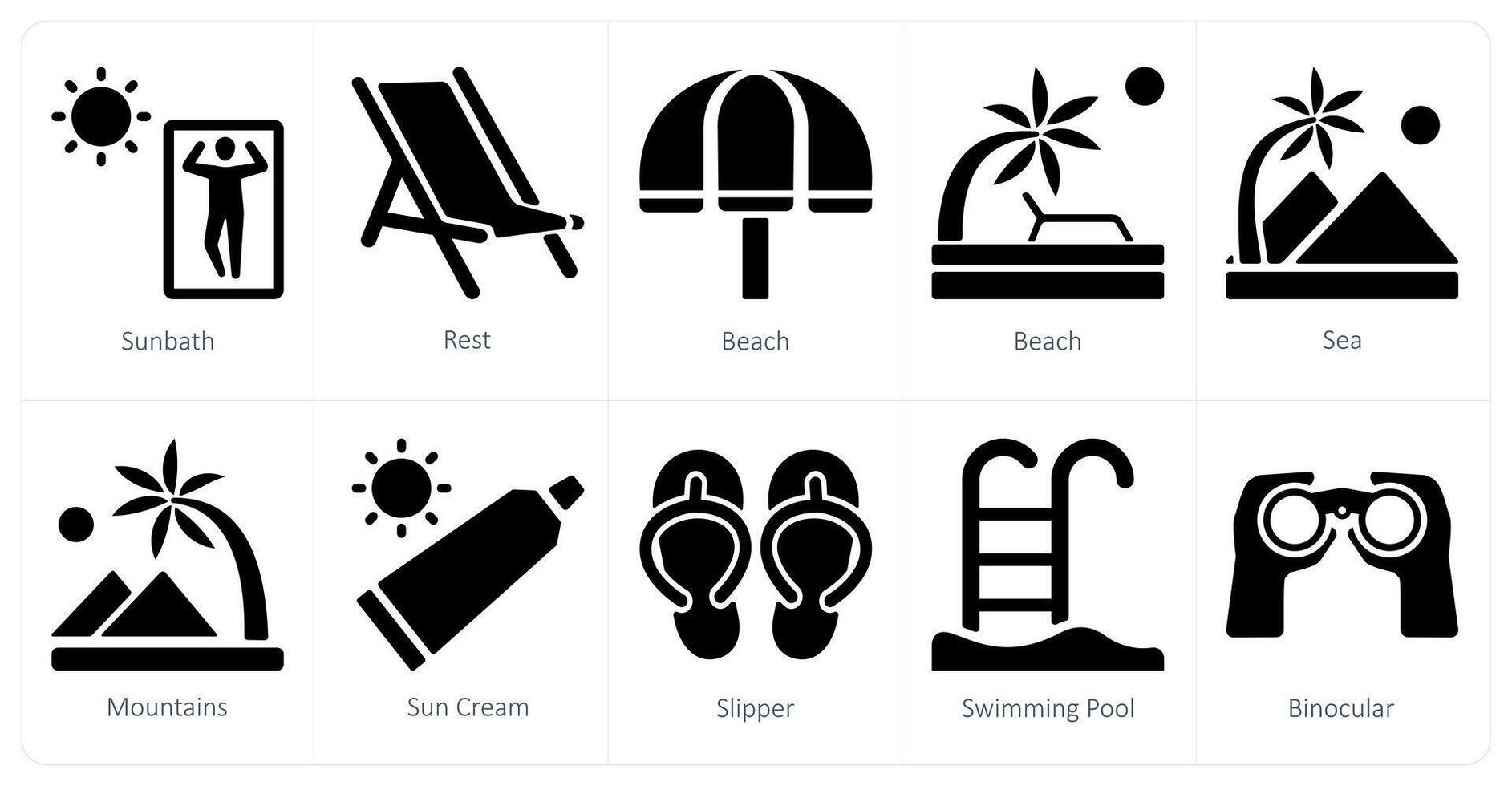 A set of 10 Travel and vacation icons as sunbath, rest, beach vector