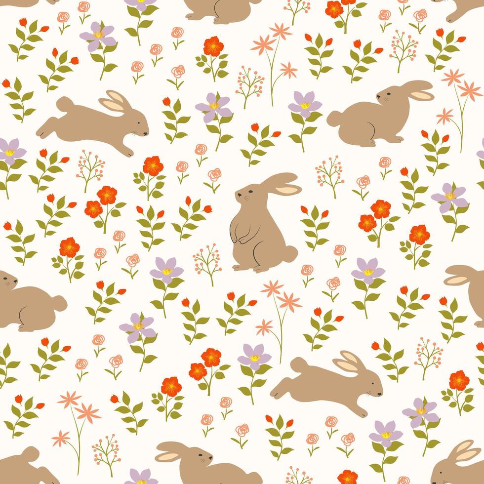 Easter seamless pattern with hand drawn cute rabbits on spring garden for Easter wrapping paper,fabric,textile,apparel or wallpaper vector