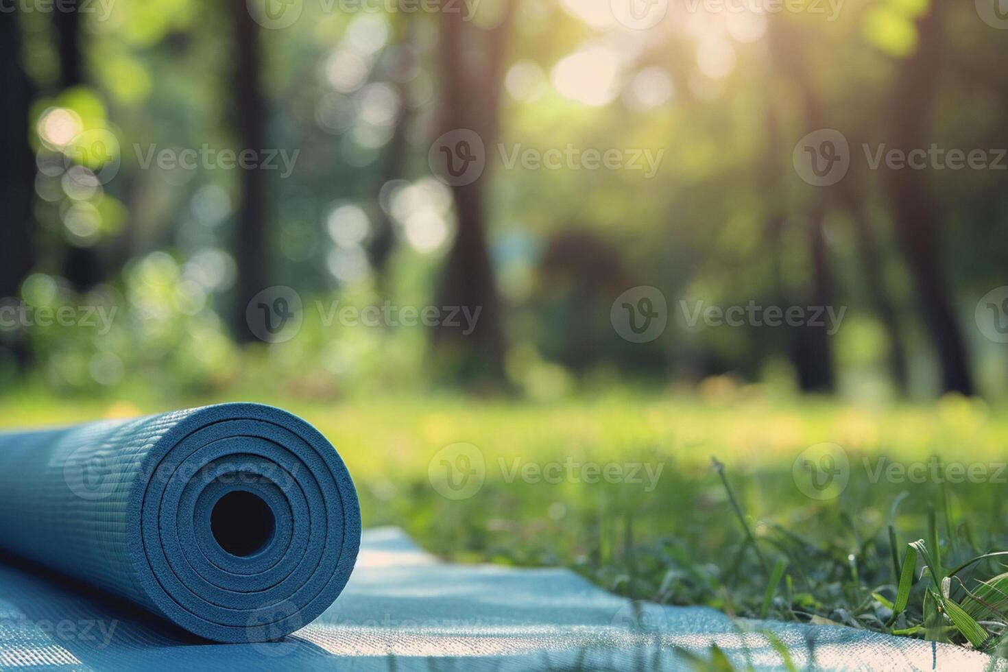 Blue fitness mat on a grass in a blurred summer park on background. Close-up. photo