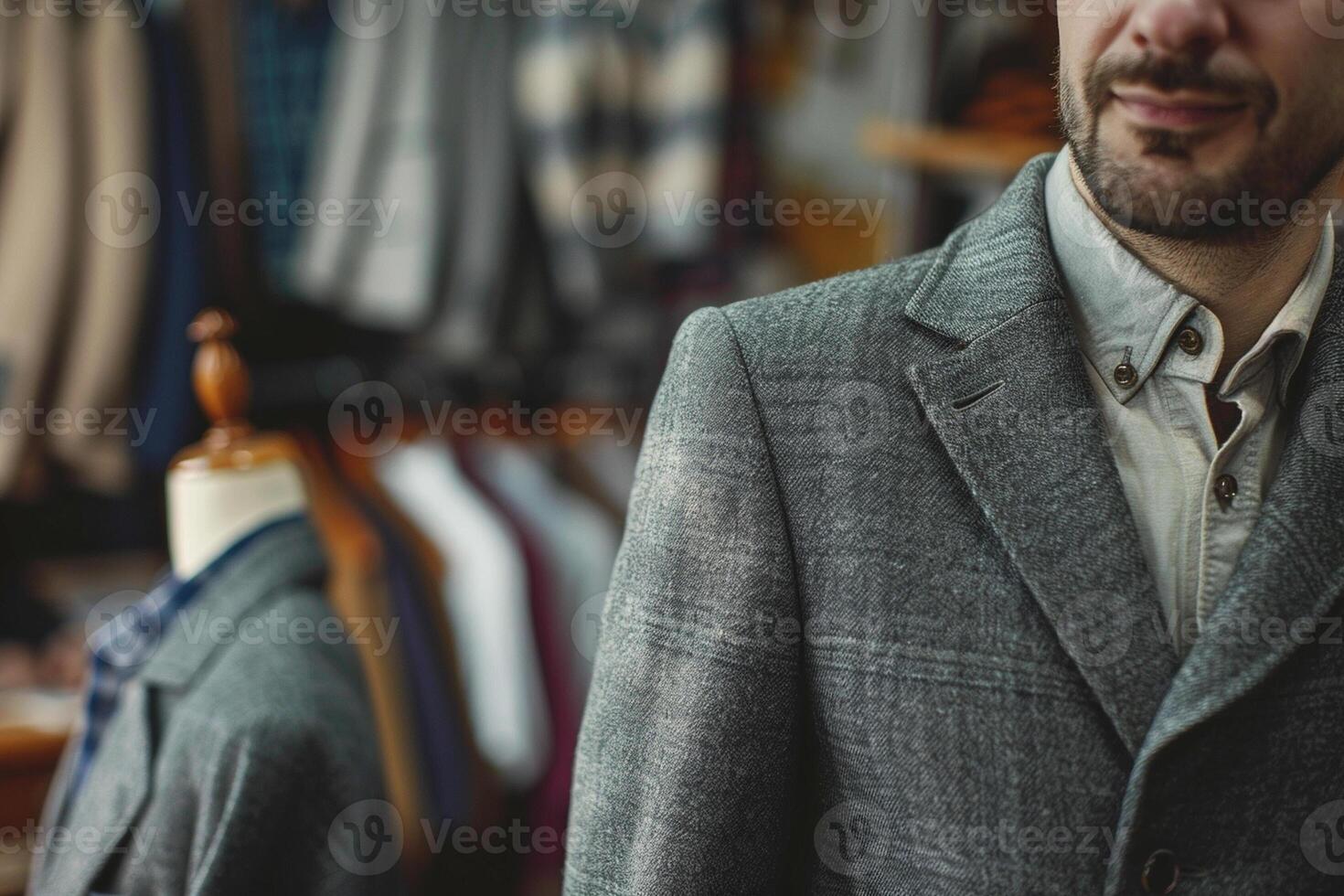 Man fashion designer stands with sewing mannequin in the tailor shop. photo