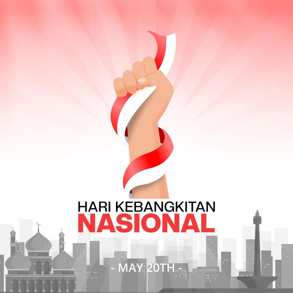 Hari Kebangkitan Nasional or Indonesian National Awakening Day with a hand and flag vector