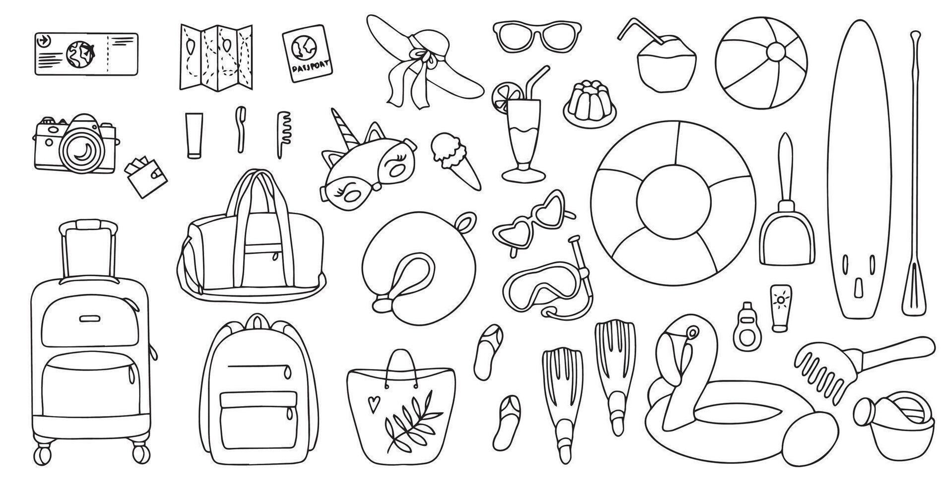 Hand drawn set of summer vacation elements, luggage and bathing accessories. Travel element drawn in doodle style. Illustration for banner, background, badge, logo design. vector