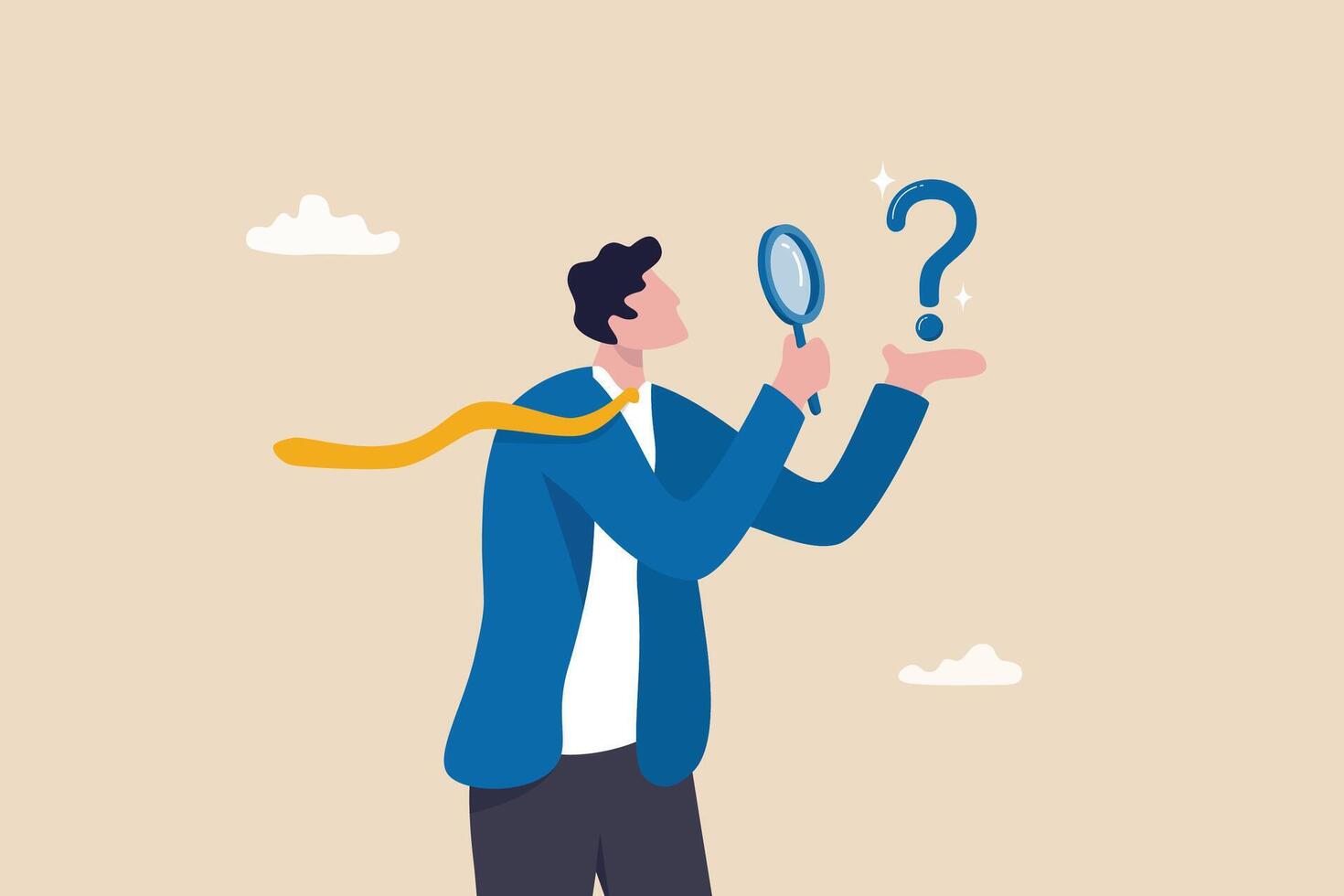 Problem analysis, analyze information to find solution or answer, solving problem or trouble, challenge to think overcome difficulty concept, businessman analyze question mark with magnifying glass. vector