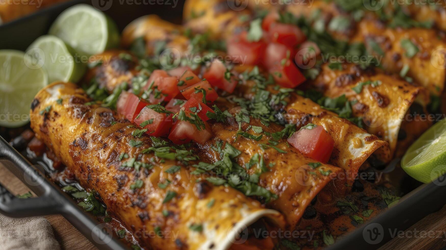 A Close-Up Shot of Beautifully Arranged Sweet Potato and Black Bean Enchiladas, Showcasing the Intricate Details of this Delicious Dish. photo