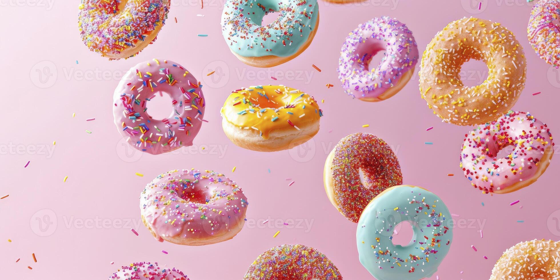 Flying Donuts, a Mix of Multicolored Doughnuts with Sprinkles, Creating a Playful Composition Against a Pastel Pink Background. photo