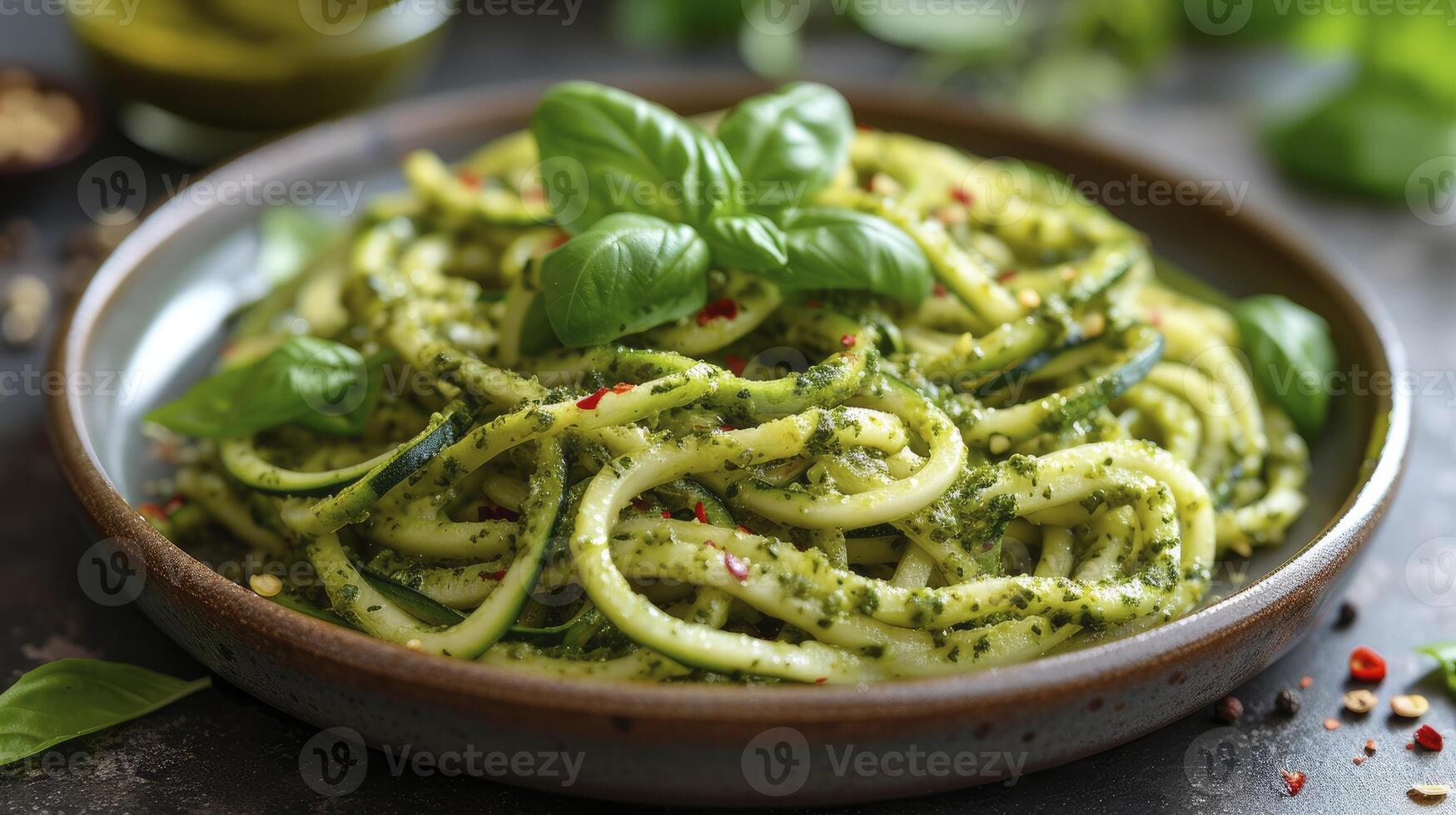 A Beautifully Plated Dish of Zucchini Noodles with Pesto, Showcasing Perfectly Spiralized Zucchinis Tossed in a Flavorful Basil Pesto Sauce. photo