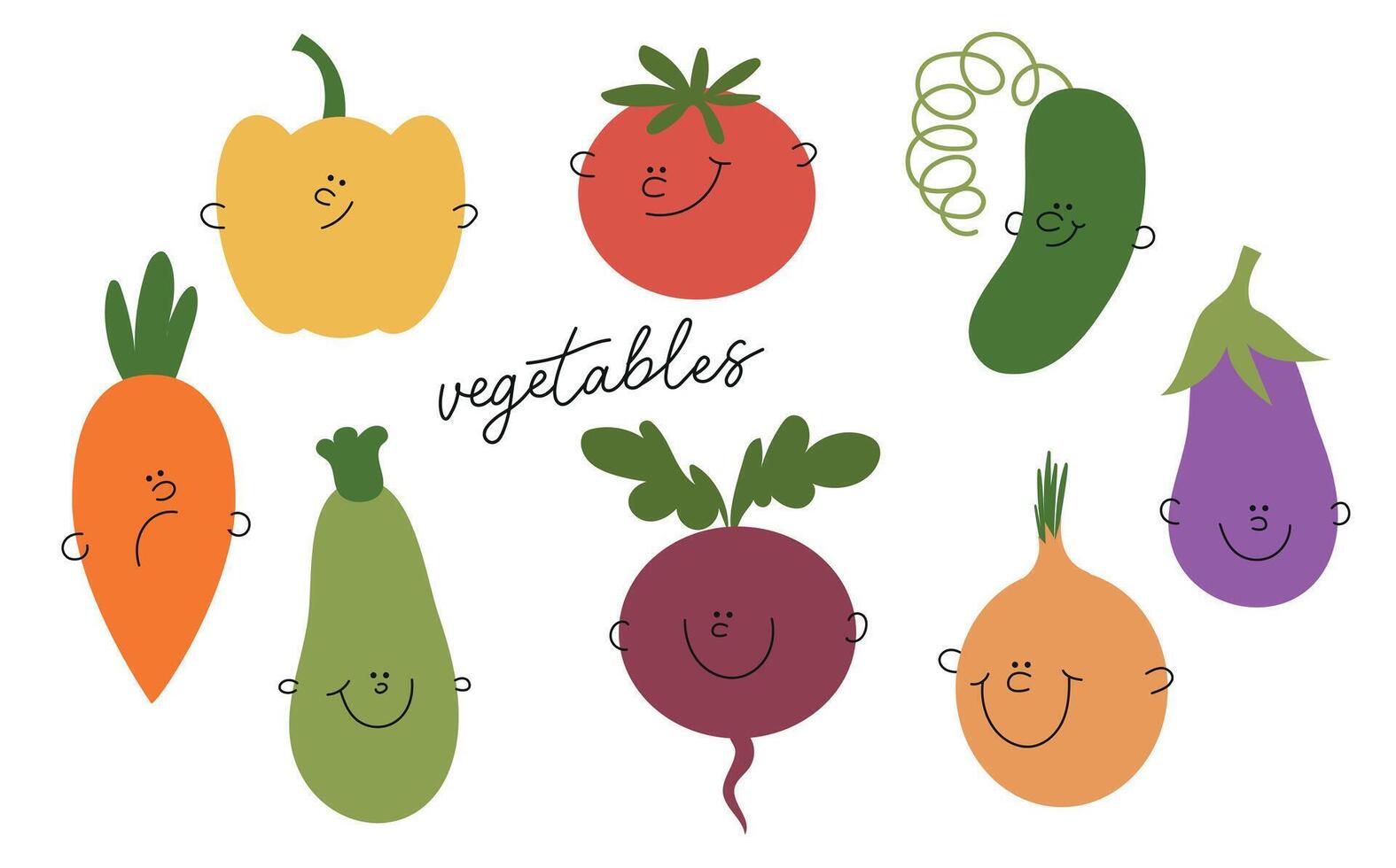 Cartoon vegetable collection. Cute cucumber, carrot, tomato, pepper, eggplant, zucchini for kids. Collection of colorful rainbow cartoon vegetables in funny children's doodle style. vector